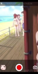 1girl animated beach bikini blush breasts brown_eyes brown_hair cleavage embarrassed exhibitionism flashing full-face_blush kanojo_okarishimasu long_hair looking_away lowres maplestar medium_breasts mizuhara_chizuru nipples public_indecency recording sound subtitled swimsuit video