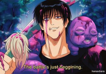 1boy artist_name black_hair black_shirt blood blood_in_hair blood_on_clothes blood_on_face commentary english_commentary english_text fushiguro_touji grin hanavbara holding holding_weapon jujutsu_kaisen looking_down male_focus mixed-language_commentary purple_blood purple_eyes retro_artstyle scar scar_on_face scar_on_mouth shirt short_hair smile solo subtitled sword teeth tree typo weapon