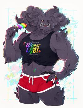 Rule 34 | 1boy, alternate costume, asymmetrical horns, black nails, black tank top, blush, casual, commentary, cropped legs, dolphin shorts, drawstring, elden ring, english commentary, english text, facing viewer, fangs, fingernails, food, hand on own hip, heart, highres, holding, holding food, holding popsicle, horns, jewelry, long fingernails, looking to the side, missing eye, mohg lord of blood, monster boy, multiple horns, muscular, muscular male, popsicle, rainbow text, red shorts, ring, sharp fingernails, sharp teeth, shirt, short shorts, shorts, simple background, spoken heart, tank top, teeth, theslowesthnery, tied shirt, tongue, tongue out, yellow eyes