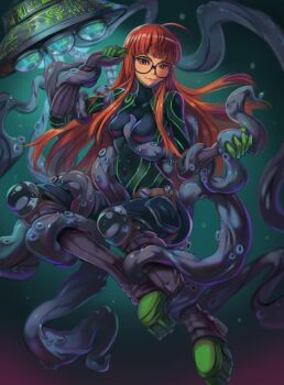 1girl :3 absurdres ahoge bodysuit breasts brown_hair covered_navel dark_background flying_saucer glasses highres knee_pads long_hair necronomicon_(persona_5) oracle_(persona_5) persona persona_5 sakura_futaba smile solo spacecraft suction_cups tentacles toasty_scones