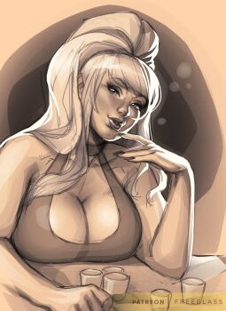 1girl absurdres blunt_bangs breast_focus breasts cleavage cup drinking_glass eyebrows eyelashes finger_on_face freeglass from_front highres kolin large_breasts lips looking_at_viewer monochrome parted_lips ponytail shot_glass sketch solo street_fighter thick_lips upper_body