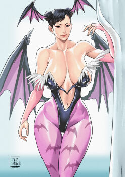 1girl absurdres animal_print bare_arms bare_shoulders bat_print bat_wings black_hair black_leotard breasts breasts_apart bridal_gauntlets capcom chun-li cirenk cleavage closed_mouth clothing_cutout collarbone commentary cosplay curtains darkstalkers double_bun eyeliner feet_out_of_frame gradient_background hair_bun hand_up head_wings highleg highleg_leotard highres large_breasts leotard lips looking_at_viewer low_wings makeup mole mole_under_eye mole_under_mouth morrigan_aensland morrigan_aensland_(cosplay) navel navel_cutout off-shoulder_leotard pantyhose pink_lips print_pantyhose purple_pantyhose red_eyeliner sagging_breasts signature solo standing strapless strapless_leotard street_fighter street_fighter_6 thigh_gap wings
