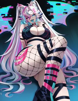 1girl animal_ears aqua_eyes aqua_hair asymmetrical_legwear barcode barcode_tattoo belt black_boots black_bra black_hair boots bra breasts character_request check_copyright cleavage cleavage_cutout clothing_cutout colored_tongue copyright_request fangs finger_to_tongue fishnet_thighhighs fishnets glowing glowing_eyes hair_between_eyes heterochromia highres hime_tyan_art indie_virtual_youtuber large_breasts leg_tattoo light_blush long_hair looking_at_viewer multicolored_hair multiple_belts nail_polish open_mouth pink_eyes pink_hair platform_boots sharp_teeth sitting smile solo tattoo teeth thighhighs tongue tongue_out twintails underwear very_long_hair white_hair wolf_ears wolf_girl