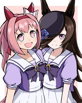 2girls animal_ears blue_flower blue_hat blue_rose blush bow bowtie brown_hair closed_mouth commentary ear_bow ear_covers emapippi flipped_hair flower flower-shaped_pupils flower_in_eye hair_over_one_eye hairband haru_urara_(umamusume) hat hat_flower headband highres horse_ears horse_girl horse_tail long_hair looking_at_viewer multiple_girls open_mouth pink_eyes pink_hair pink_headband ponytail puffy_short_sleeves puffy_sleeves purple_bow purple_bowtie purple_eyes purple_shirt red_headband rice_shower_(umamusume) rose sailor_collar sailor_shirt school_uniform shirt short_sleeves skirt smile symbol-only_commentary symbol-shaped_pupils symbol_in_eye tail tilted_headwear tracen_school_uniform umamusume white_sailor_collar white_skirt