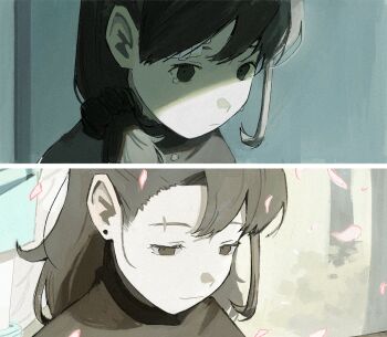 1girl age_progression bandaid bandaid_on_face black_hair braid cherry_blossoms crying crying_with_eyes_open greyscale highres ineesan long_hair love-bullet medium_hair monochrome official_art scar scar_across_eyebrow scar_on_face single_braid tamaki_aki tearing_up tears