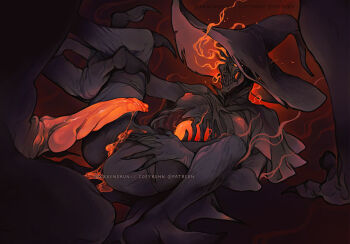 1boy 1girl animal_penis anus ass bloodborne breasts erection glowing_cum glowing_nipples hand_on_own_crotch hat holding_another&#039;s_leg huge_penis keeper_of_the_old_lords large_hat lying monster on_back orange_penis out_of_frame patreon_username penis pussy size_difference skeleton skull small_breasts smoke spread_legs uncensored watchdog_of_the_old_lords wide_sleeves witch_hat xxxenokun
