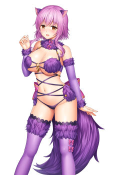 1girl animal_ears breasts brown_eyes cosplay detached_sleeves fake_animal_ears fake_tail fate/grand_order fate_(series) feet_out_of_frame fur-trimmed_sleeves fur_trim hand_up highres koromogawari lace lace-trimmed_thighhighs lace_trim lambda_(kusowarota) large_breasts looking_at_viewer mash_kyrielight mash_kyrielight_(dangerous_beast) mash_kyrielight_(dangerous_beast)_(cosplay) open_mouth panties pink_hair purple_panties purple_sleeves purple_tail purple_thighhighs revealing_clothes school_uniform second-party_source serafuku short_hair_with_long_locks sidelocks simple_background smile solo tachi-e tail thighhighs underwear white_background wolf_ears wolf_tail