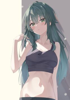 1girl absurdres black_tank_top breasts closed_mouth collarbone commentary_request crop_top gakuen_idolmaster green_eyes green_hair hair_between_eyes hair_flaps highres idolmaster long_hair looking_at_viewer medium_breasts midriff navel pandoa_(mikage0495) solo tank_top tsukimura_temari upper_body