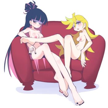 2girls barefoot blonde_hair blue_hair blue_nails blush breasts completely_nude couch feet highres long_hair multiple_girls nipples nude open_mouth panty_&amp;_stocking_with_garterbelt panty_(psg) red_nails siblings sisters stocking_(psg)