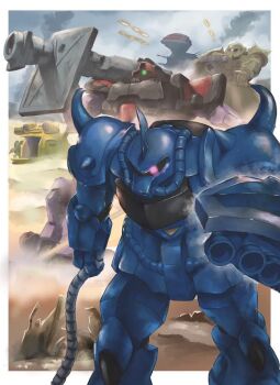 Rule 34 | aiming, aiming at viewer, armor, battle, bazooka (gundam), blue armor, desert, dom (mobile suit), flak, gouf, gundam, hashtag-only commentary, k katora, landship, mecha, mecha focus, mobile suit, mobile suit gundam, no humans, robot, ship turret, zaku ii
