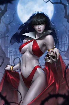 1girl absurdres bare_tree black_hair bra bracelet breasts cape cleavage collar fence full_moon highres holding holding_skull iron_fence jee-hyung_lee jewelry long_hair looking_at_viewer medium_breasts moon navel night outdoors panties red_bra red_cape red_panties revealing_clothes skull thorns tree underwear vampirella vampirella_(character)