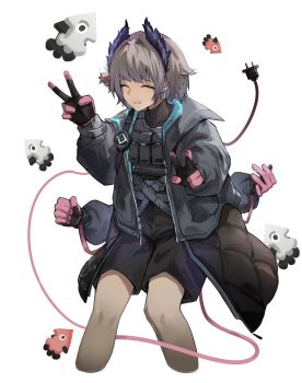 1girl absurdres arknights bird_girl black_feathers black_gloves black_shorts cable cable_tail closed_eyes commentary_request dark-skinned_female dark_skin double_v electric_plug electric_plug_tail extra_arms feathers flower gloves grey_hair hair_flower hair_ornament head_wings highres jacket mechanical_tail mole mole_under_each_eye mole_under_eye multiple_moles pink_gloves raidian_(arknights) short_hair shorts simple_background smile solo squid tail two-tone_gloves v white_background wings xxxcrimson1