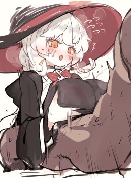 1boy 1girl absurdres blue_archive blush bow bowtie braid breasts clothed_paizuri damao_(kiwa777) dark-skinned_male dark_skin earrings eri_(blue_archive) halo hat highres jacket jewelry large_breasts long_coat long_hair orange_eyes shirt steam sweater white_hair witch_hat