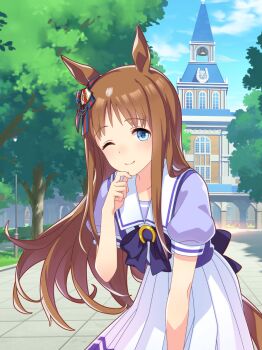 1girl absurdres animal_ears arch artist_request back_bow bare_arms bell blue_bow blue_bowtie blue_eyes blue_shirt blue_sky bow bowtie brooch brown_hair closed_mouth cloud collarbone cowboy_shot day dot_nose game_cg grass_wonder_(umamusume) hair_bow hair_ornament hand_on_own_chin happy high-waist_skirt highres horse_ears horse_girl horse_tail horseshoe jewelry lamppost leaning_forward light_blush long_hair long_sidelocks looking_at_viewer miniskirt official_art one_eye_closed outdoors path pleated_skirt puffy_short_sleeves puffy_sleeves road sailor_collar school school_uniform shade shield shield_hair_ornament shirt short_sleeves sidelocks single_stripe skirt sky smile solo straight_hair striped_bow tail tracen_academy tracen_school_uniform tree two-tone_shirt umamusume very_long_hair white_sailor_collar white_shirt white_skirt
