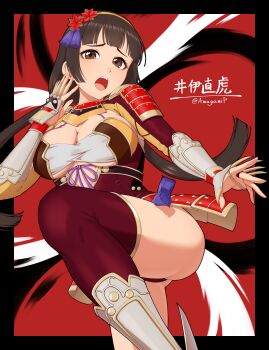 1girl absurdres amagamip armor black_hair blunt_bangs bracer breasts brown_eyes cleavage commentary_request faulds flower gorget hair_flower hair_ornament hairband highres ii_naotora_(sengoku_musou) large_breasts leg_up long_hair looking_at_viewer low_twintails open_mouth pauldrons red_background red_thighhighs sengoku_musou shoulder_armor simple_background solo standing standing_on_one_leg thighhighs twintails