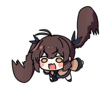 1girl :3 animated animated_gif antenna_hair artist_request blush_stickers bow brown_hair chibi commentary_request girls'_frontline hair_bow helicopter_hair m14_(girls'_frontline) multiple_hair_bows open_mouth orange_eyes smile solo twintails twirling_hair white_background