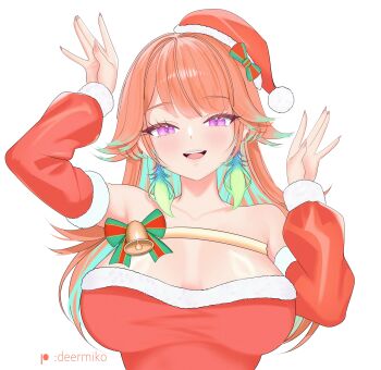 1girl :d absurdres bare_shoulders breasts colored_inner_hair commentary deermiko detached_sleeves english_commentary feathers fur-trimmed_headwear fur-trimmed_shorts fur-trimmed_sleeves fur_trim gradient_hair green_feathers green_hair hair_flaps hands_up hat highres hololive hololive_english large_breasts long_hair looking_at_viewer multicolored_hair open_mouth orange_hair paid_reward_available pom_pom_(clothes) purple_eyes rabbit_pose red_hat red_shirt red_sleeves santa_hat shirt shorts simple_background sleeveless sleeveless_shirt smile solo strapless strapless_shirt takanashi_kiara teeth upper_body upper_teeth_only virtual_youtuber white_background