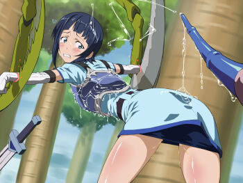 10s 1girl armor blush defeat highres imminent_rape mantis monster praying_mantis restrained sachi_(sao) scales scared sword sword_art_online tagme tears uguisu_(happy_turn) weapon