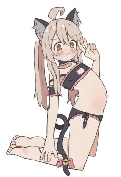 1girl 3d absurdres ahoge animal_ears axys black_bra black_panties blush bra breasts brown_hair cat_ears cat_tail commentary fake_animal_ears hair_between_eyes highres lingerie loli long_hair looking_at_viewer navel onii-chan_wa_oshimai! orange_eyes oyama_mahiro panties simple_background small_breasts solo tail twintails underwear v white_background