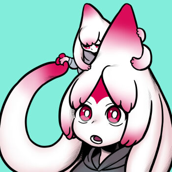 2girls blue_background colored_skin grey_hoodie highres hood hoodie monster_girl multiple_girls original pink_eyes pink_skin portrait shirai_keita simple_background solo tentacles white_skin