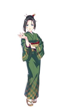 1girl black_hair blue_eyes breasts checkered_clothes checkered_kimono curtained_hair floral_print full_body green_kimono hair_bun hair_ornament hair_stick hand_up highres hoshina_kiyoko_(umamusume) japanese_clothes kimono looking_at_viewer mature_female obi obiage obijime official_art open_mouth parted_bangs sandals sash short_hair simple_background single_hair_bun small_breasts smile socks solo standing tabi tachi-e transparent_background umamusume white_socks