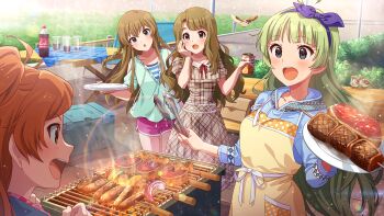Rule 34 | 4girls, bird, blue bow, blue eyes, blue hairband, blush, bow, braid, brown hair, can, card commentary, commentary request, cooking, day, drink can, food, game cg, green hair, grill, grilling, hair bow, hairband, holding, holding can, holding plate, holding tongs, idolmaster, idolmaster million live!, idolmaster million live! theater days, kousaka umi, long hair, looking at another, meat, miyao miya, multiple girls, official art, ogami tamaki, open mouth, outdoors, plate, sausage, shimabara elena, shish kebab, smile, soda can, standing, steak, third-party source, tongs, twin braids