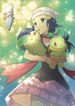 1girl arc_phone bare_shoulders beanie black_dress blue_background blue_eyes blue_hair chikorita cowboy_shot dawn_(pokemon) dress gen_2_pokemon gen_4_pokemon hat highres holding long_hair nintendo pink_scarf pokemon pokemon_(creature) pokemon_day pokemon_dppt pokemon_legends:_arceus scarf turtwig white_hat yanagimachi
