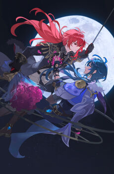 Rule 34 | 2boys, antenna hair, black gloves, blue eyes, blue hair, bouquet, closed mouth, commentary request, dark-skinned male, dark skin, diluc (genshin impact), earrings, flower, full moon, fur scarf, genshin impact, gloves, hair between eyes, hair over shoulder, highres, holding, holding bouquet, inseki, jacket, jewelry, kaeya (genshin impact), long hair, long sleeves, low ponytail, male focus, midair, mochuuuuuuu, moon, multiple boys, pants, ponytail, red eyes, red hair, single earring, smile, step-siblings, vest, white vest