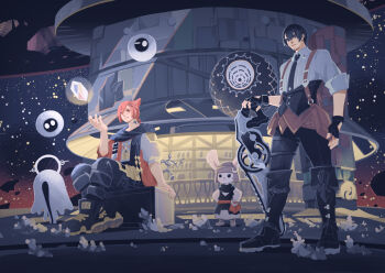 1other 2boys adventurer_(ff14) animal_ears archon_mark black_boots black_eyes black_gloves black_hair black_pants black_scarf boots building cat_boy cat_ears cat_tail creature crossed_ankles ea_(ff14) final_fantasy final_fantasy_xiv fingerless_gloves floating floating_object g&#039;raha_tia gloves hands_on_own_hips hyur knee_boots looking_at_viewer loporrit miqo&#039;te multiple_boys neck_tattoo omicron_(ff14) outdoors pants rabbit_ears red_eyes red_hair scarf scenery shards shirt short_hair sitting sky standing star_(sky) starry_sky suspenders tail tattoo tppqqq7 warrior_of_light_(ff14) white_shirt