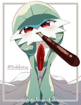 1girl artist_name blush bob_cut border collarbone colored_skin female_focus flat_chest food foreshortening gardevoir gen_3_pokemon green_hair green_skin grey_border happy head_tilt incoming_food leaning_forward looking_at_viewer mouth_hold multicolored_skin nintendo open_mouth outside_border own_hands_together pocky pokemon pokemon_(creature) red_eyes short_hair signature simple_background smile solo straight-on tsukkon twitter_username two-tone_skin v_arms white_background white_skin