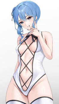 1girl absurdres arm_behind_back black_nails blue_eyes blue_hair blush breasts criss-cross_straps grey_background groin hand_up highres hololive hoshimachi_suisei laimer multicolored_nails navel one-piece_swimsuit parted_lips side_ponytail simple_background small_breasts solo star_(symbol) star_in_eye stomach swimsuit symbol_in_eye thighhighs thighs virtual_youtuber white_nails white_one-piece_swimsuit white_thighhighs