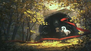 1girl 1other absurdres banner bear black_eyes black_horns brown_capelet capelet cave commentary english_commentary fur_capelet gauntlets highres holding holding_banner holding_paper holding_polearm holding_weapon horns long_hair monster original pants paper polearm porforever sunset_(porforever) tree weapon white_hair