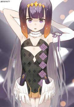 1girl :o armpits arms_behind_head arms_up black_dress blunt_bangs choker clothing_cutout commentary cowboy_shot dress elbow_gloves english_commentary flat_chest gloves gradient_hair highres hololive hololive_english long_hair looking_at_viewer low_wings multicolored_hair ninomae_ina'nis ninomae_ina'nis_(1st_costume) open_mouth orange_hair purple_eyes purple_hair raised_inner_eyebrows riryn77 simple_background single_elbow_glove solo straight-on tentacle_hair tentacles tiara twitter_username two-tone_hair very_long_hair virtual_youtuber white_background white_choker white_gloves wings