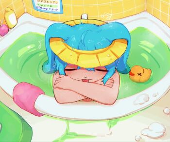 1boy animal_ears bath bath_stool bathing bathtub blue_hair closed_eyes commentary fisheye in_bathtub indoors kenma-kun koushinism kragswgncroksbt male_focus musical_note poster_(object) rabbit_ears rubber_duck snout soap_bubbles solo stool symbol-only_commentary tile_wall tiles tongue tongue_out towel trap wet wet_hair