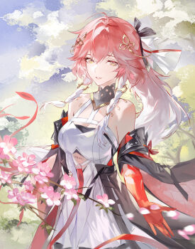 Rule 34 | 1girl, absurdres, bare shoulders, black collar, black jacket, body markings, braid, breasts, changli (wuthering waves), collar, colored extremities, commentary request, detached hair, dress, hair extensions, hair ornament, highres, jacket, looking at viewer, maze (sherlock5230), medium breasts, multicolored hair, outdoors, parted lips, pink hair, red hands, ring hair extensions, smile, solo, tacet mark (wuthering waves), twin braids, two-tone hair, white dress, white hair, wuthering waves, yellow eyes