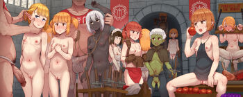 2boys 6+girls absurdres abubu bdsm blonde_hair blue_eyes bondage bound breasts censored cleft_of_venus collar colored_skin dark_skin elf food fruit hetero highres leash loli mosaic_censoring multiple_boys multiple_girls navel nipples nude original penis pillory pointy_ears pussy short_hair slave small_breasts weapon white_hair