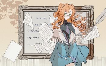 1girl blue_dress blue_ribbon capelet commentary cowboy_shot dress english_commentary film_grain glasses green_eyes grey_background highres looking_at_viewer monuo518 neck_ribbon official_alternate_costume orange_hair pen picture_frame reverse:1999 ribbon round_eyewear sheet_music solo sonetto_(emotion_in_tranquility)_(reverse:1999) sonetto_(reverse:1999) two_side_up white_capelet