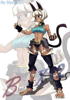 1girl 2019 abs animal_ears artist_name barefoot belt belt_pouch black-x12 blonde_hair blue_eyes blue_shirt breasts cat_ears cat_girl cat_tail claw_pose clenched_hands colored_eyelashes commentary dark-skinned_female dark_skin dynamic_pose english_commentary fangs fangs_out fighting_stance fingerless_gloves fingernails gloves grin highres legs_apart long_fingernails medium_breasts midair ms._fortune_(skullgirls) navel panties pointing pouch revealing_clothes scar serious shadow sharp_teeth shirt short_hair simple_background skullgirls sleeveless sleeveless_shirt smile solo tail teeth thick_thighs thighs underboob underwear utility_belt very_short_hair white_background white_hair zoom_layer