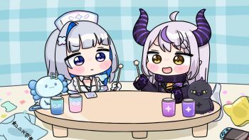 2girls :d ahoge amane_kanata amane_kanata_(nurse) armband bag black_dress blue_hair blue_shirt blush_stickers braid braided_bangs brown_eyes closed_mouth commentary_request crow_(la+_darknesss) cup dress drinking_glass gloves green_eyes grey_dress grey_hair handheld_game_console hat highres holding hololive indoors la+_darknesss la+_darknesss_(1st_costume) long_sleeves mimikaki mochimiko multicolored_hair multiple_girls nurse nurse_cap open_mouth plastic_bag pointy_ears purple_eyes purple_hair shirt single_hair_intake smile streaked_hair table two-tone_hair unworn_shirt virtual_youtuber white_gloves white_hat