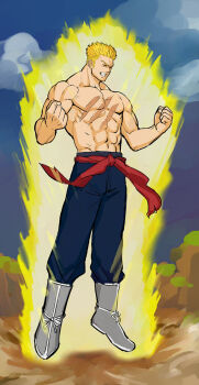 1boy abs alternate_hair_color aura b_suke belt blonde_hair blue_pants boots clenched_hands clenched_teeth closed_eyes cloud commentary_request dragon_ball dragonball_z fate/grand_order fate_(series) fergus_mac_roich_(fate) full_body grey_boots highres hip_bones male_focus muscular muscular_male pants parody pectorals red_belt scar scar_on_chest solo super_saiyan super_saiyan_1 teeth topless_male undercut