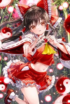 1girl ascot bamboo bamboo_forest between_fingers black_hair bloomers bobby_socks bow chest_sarashi commentary danmaku detached_sleeves forest frilled_bow frilled_hair_tubes frilled_skirt frills fujima_takuya hair_bow hair_tubes hakurei_reimu holding holding_ofuda long_hair long_sleeves looking_at_viewer mary_janes midriff nature navel ofuda ofuda_between_fingers red_bow red_eyes red_shirt red_shoes red_skirt ribbon-trimmed_sleeves ribbon_trim sarashi shirt shoes skirt sleeveless sleeveless_shirt socks solo touhou twitter_username underwear white_bloomers white_sleeves white_socks wide_sleeves yellow_ascot yin_yang