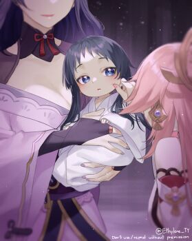 1boy 2girls aged_down alternate_hair_length alternate_hairstyle animal_ears artist_name baby baby_carry black_hair blue_eyes blue_pupils blurry breasts bridal_gauntlets carrying carrying_baby carrying_person cheek_pinching cleavage commentary depth_of_field english_commentary english_text ethylene_ty fox_ears genshin_impact highres indoors japanese_clothes kimono large_breasts light_particles long_hair long_sleeves looking_to_the_side male_focus mother_and_child mother_and_son multicolored_eyes multicolored_hair multiple_girls nail_polish pinching pink_hair pink_nails purple_background purple_hair purple_nails raiden_shogun scaramouche_(genshin_impact) wide_sleeves yae_miko