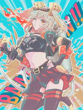Rule 34 | 1girl, absurdres, black jacket, black skirt, black thighhighs, blonde hair, blowing, blush, breasts, burnice white, crop top, eyewear on head, flamethrower, gloves, highres, holding flamethrower, holding weapon, jacket, looking at viewer, one eye closed, puckered lips, red eyes, skirt, solo, spiked belt, subaru (ayaka), thighhighs, twintails, weapon, zenless zone zero