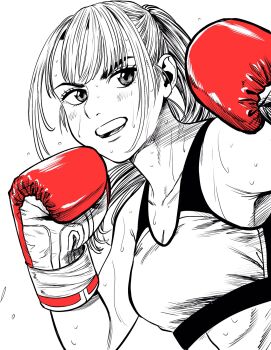 Rule 34 | 1girl, boxing gloves, breasts, commentary request, crosshatching, fighting stance, flying sweatdrops, gloves, hatching (texture), high ponytail, highres, lee (dragon garou), linea alba, linear hatching, medium breasts, monochrome, mouth guard, original, ponytail, red gloves, serious, solo, sports bra, spot color, sweat, upper body, very sweaty