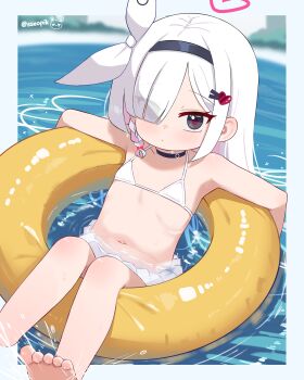 Rule 34 | 1girl, alternate costume, artist name, barefoot, bikini, bikini skirt, black choker, black eyes, black hairband, blue archive, blurry, blurry background, bow, choker, colored inner hair, commentary request, eyes visible through hair, flat chest, hair bow, hair over one eye, hairband, halo, heart, heart halo, highres, innertube, long hair, looking at viewer, multicolored hair, navel, pink hair, pink halo, plana (blue archive), red pupils, solo, sseopik, swim ring, swimsuit, toes, twitter username, water, white bikini, white bow, white hair