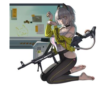 1girl absurdres animal_ears barefoot black_bow black_choker black_pants blue_eyes bow breasts camisole cat_tail choker closed_mouth clothing_cutout commentary fake_animal_ears feet from_side girls'_frontline girls'_frontline_2:_exilium gun gun_sling heterochromia highres hip_vent jacket kneeling large_breasts long_hair looking_at_viewer machine_gun off_shoulder official_alternate_costume pants paw_pose peritya_(born_huntress)_(girls'_frontline_2) peritya_(girls'_frontline_2) pkp_pecheneg puto_trash soles solo tail tail_bow tail_ornament toes weapon white_background white_camisole white_hair window yellow_eyes yellow_jacket