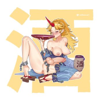 1futa anus artist_name blonde_hair blue_kimono breasts cuffs cup erection full_body futa_without_pussy futanari geta gourd highres horns japanese_clothes kimono large_breasts large_penis oni original penis pink_liquid pointy_ears ponytail sakazuki sandals shackles single_horn solo tailbox testicles