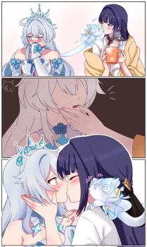 Rule 34 | + +, 2girls, bare shoulders, blue eyes, blue hair, blush, closed eyes, collared shirt, commentary, corrupted twitter file, cup, dress, english commentary, hand on another's face, highres, holding, holding cup, honkai (series), honkai impact 3rd, kiana kaslana, kiana kaslana (ba-dum! fiery wishing star), kiana kaslana (wintery wishes), kiss, kudayunii, long hair, multiple girls, official alternate costume, purple hair, raiden mei, rice cake (honkai impact), shirt, snake, tiara, white dress, white shirt, yuri