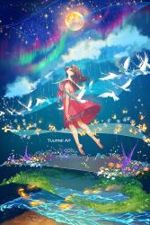 Rule 34 | 1girl, aurora, barefoot, bird, bug, butterfly, dress, fish, floating, flower, grass, insect, looking up, moon, night, night sky, original, red dress, sky, water, yuumei