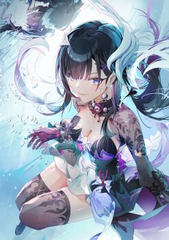 Rule 34 | 1girl, absurdres, asymmetrical gloves, black gloves, black hair, black thighhighs, blue dress, blue eyes, breasts, cleavage, commentary, dress, earrings, gloves, hair ornament, highres, honkai: star rail, honkai (series), hysilens (honkai: star rail), jelmul, jewelry, large breasts, long hair, looking at viewer, mismatched gloves, red gloves, reflection, reflective liquid, shrug (clothing), solo, thighhighs, thighs, very long hair, water